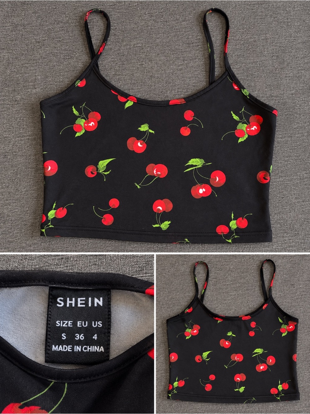 SHEIN Black Crop Cami with Red Cherry Print